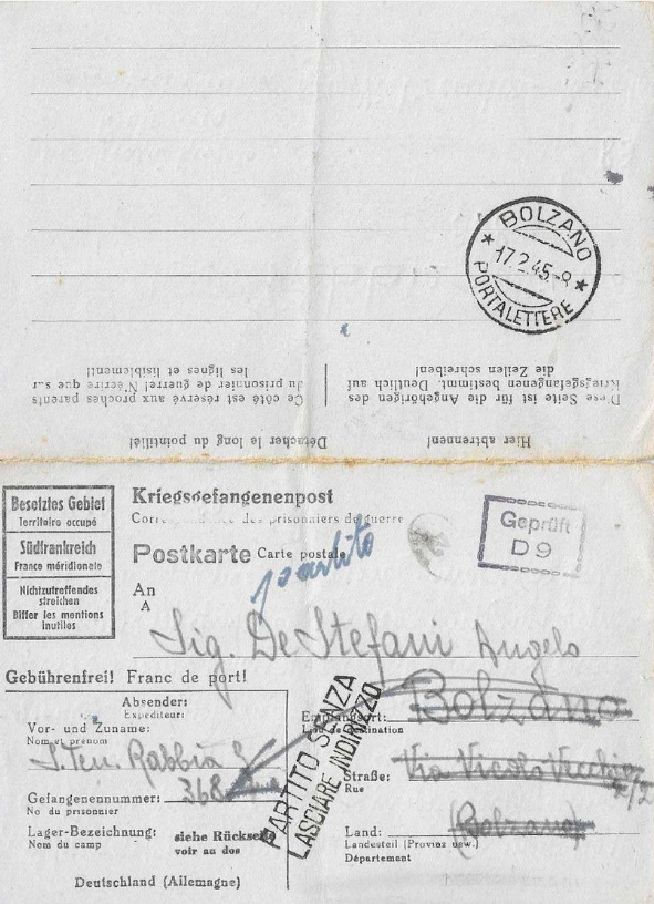 CARTOLINA DOMANDA_RISPOSTA CAMPO PRIGIONIERI OFLAG 83 WIETZENDORF GERMANY 1944 BOLZANO lato b17 febbraio 1945
