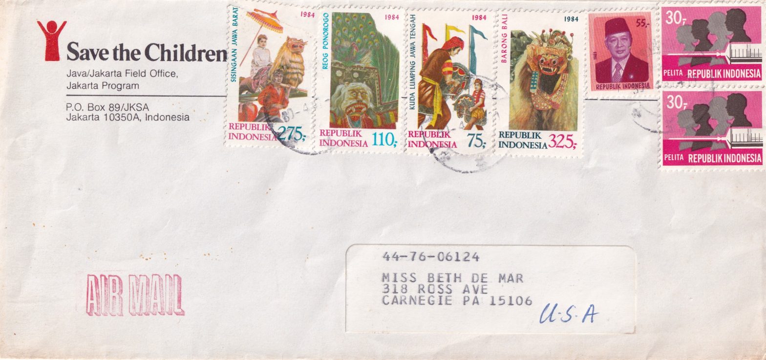 1985 04 30 SAVE THE CHILDREN FUND Jakarta Indonesia ILLUS ADVERT COVER multi COSTUME DANCE, President Suharto and two Family and hypodermic syringe (“Health Care”) stamps to USA Posta aerea