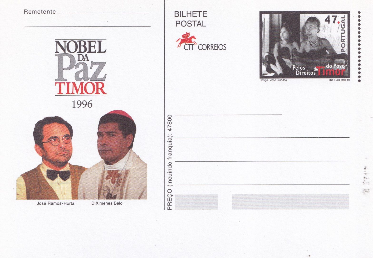 1996 11 12 TIMOR Nobel della Pace a José Ramos-Horta e D. Ximenes Belo – PORTOGALLO (Cartolina postale commemorativa Rights of people in East Timor affrancata con 140 $ - escudo - Stanley Gibbons PT 2542