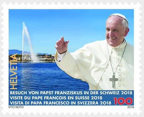 Visita papale in Svizzera 2018 Emesso il: 2018-06-21 Valore facciale: 100 Ct. - Svizzera – centime Stanley Gibbons CH 2209° Progettista: Vito Noto