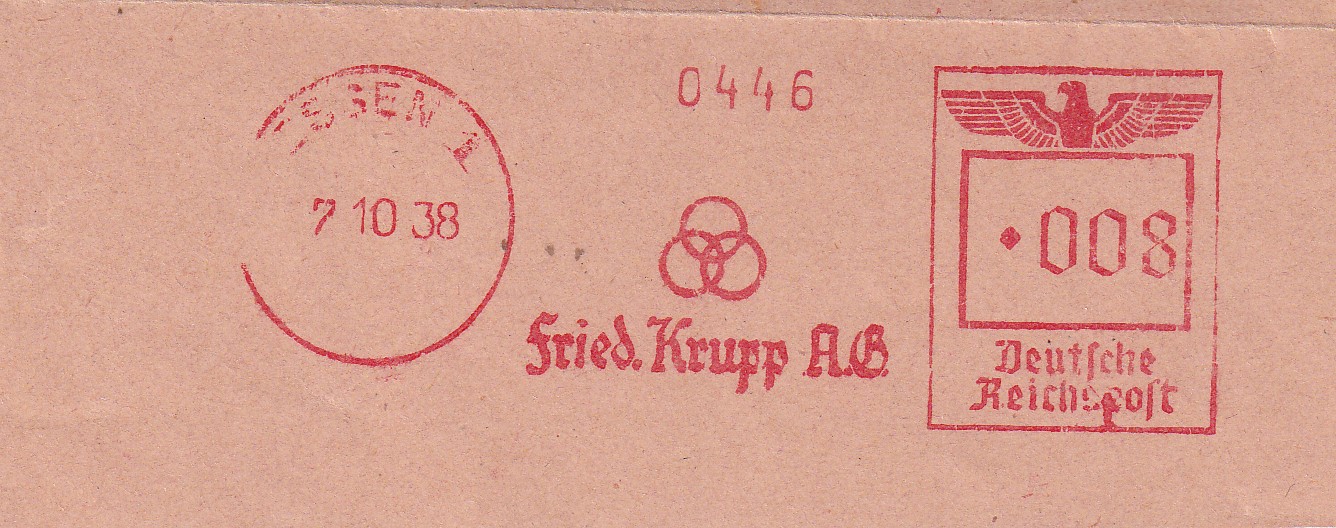 1938 10 07 da ESSEN Deutsches Reich Briefstück mit Freistempel Essen Fried. Krupp AG