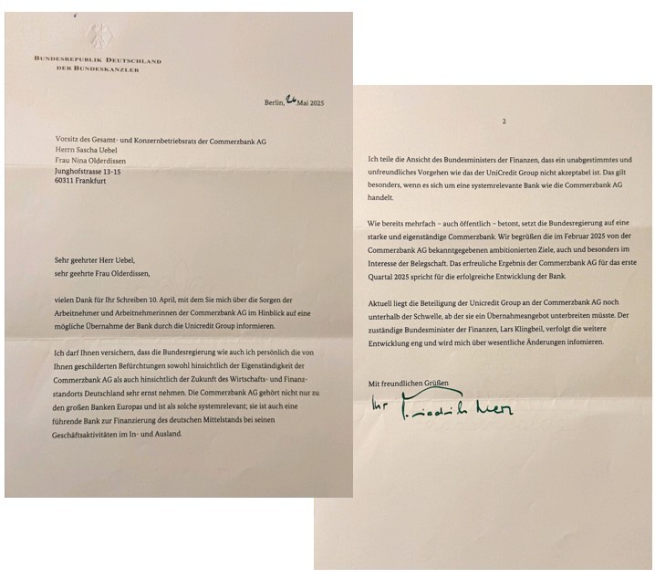 Nina Olderdissen ed io, Sascha Uebel,abbiamo ricevuto una risposta dal Cancelliere Friedrich Merz alla nostra lettera.
