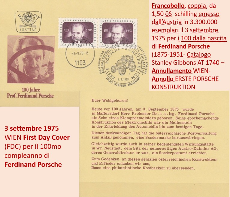 3 settembre 1975 WIEN First Day Cover (FDC) per il 100mo compleanno di Ferdinand Porsche (Francobollo, coppia, da 1,50 öS  schilling emesso dall’Austria in 3.300.000 esemplari il 3 settembre 1975 per i 100 dalla nascita di Ferdinand Porsche (1875-1951- Catalogo Stanley Gibbons AT 1740 –Annullamento WIEN- Annullo ERSTE PORSCHE KONSTRUKTION)
