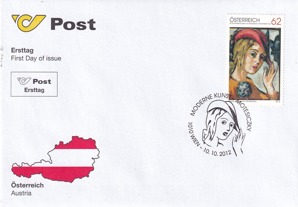 Austria FDC Mi 3030 Modern Art - Painting - Marie-Louise von Motesiczky - Self-Portrait - 2012 – affrancata Marie-Louise von Motesiczky - Self-Portrait 62 ct - Euro cent - Catalogo Stanley Gibbons AT 3184