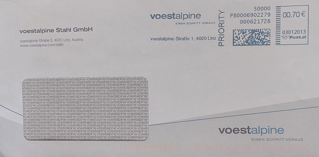 2013 12 03 affrancatura meccanica blu busta commerciale PRIORITY da voestalpine Stahl, vostalpine-Strasse 4020 LINZ