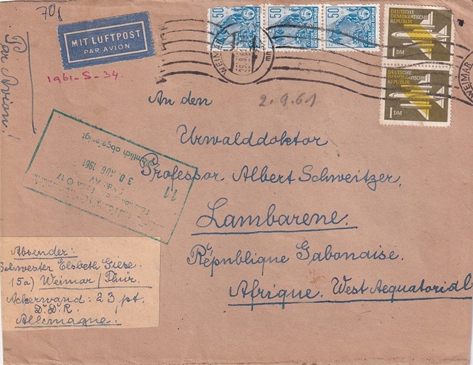 Lettera del 1961 08 29 da Weimar DDR a Lambarene Gabon per Albert-Schweitzer