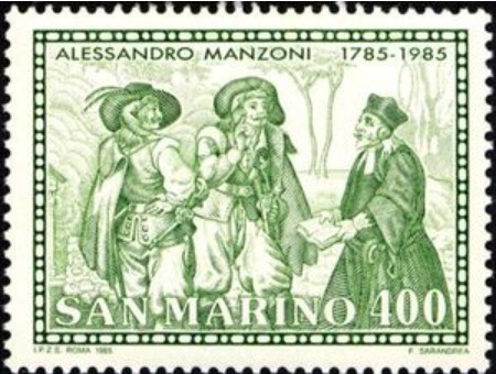 Francobollo serie Manzoni Emesso il 9 novembre 1985 valore facciale 400 ₤ raffigura i Bravi e Don Abbondio - San Marino – Catalogo Sassone SM 1166