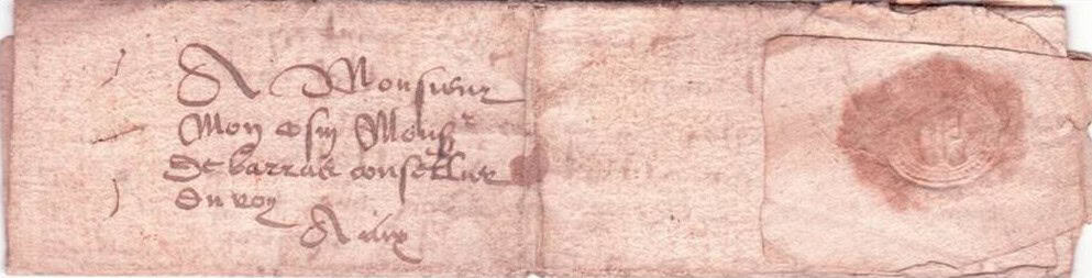 Piccolissimo piego del 1585 che il Parroco di Saint-Jeurs invia al cugino Immagine 3 Verso esterno