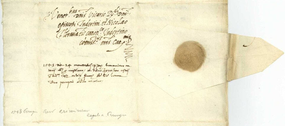 Indirizzo nota e sigillo su nizza della rotula 9 settembre 1543 da Ascanio PARISANI Cardinale e Girolamo Fabrizio - Perugia - Todi