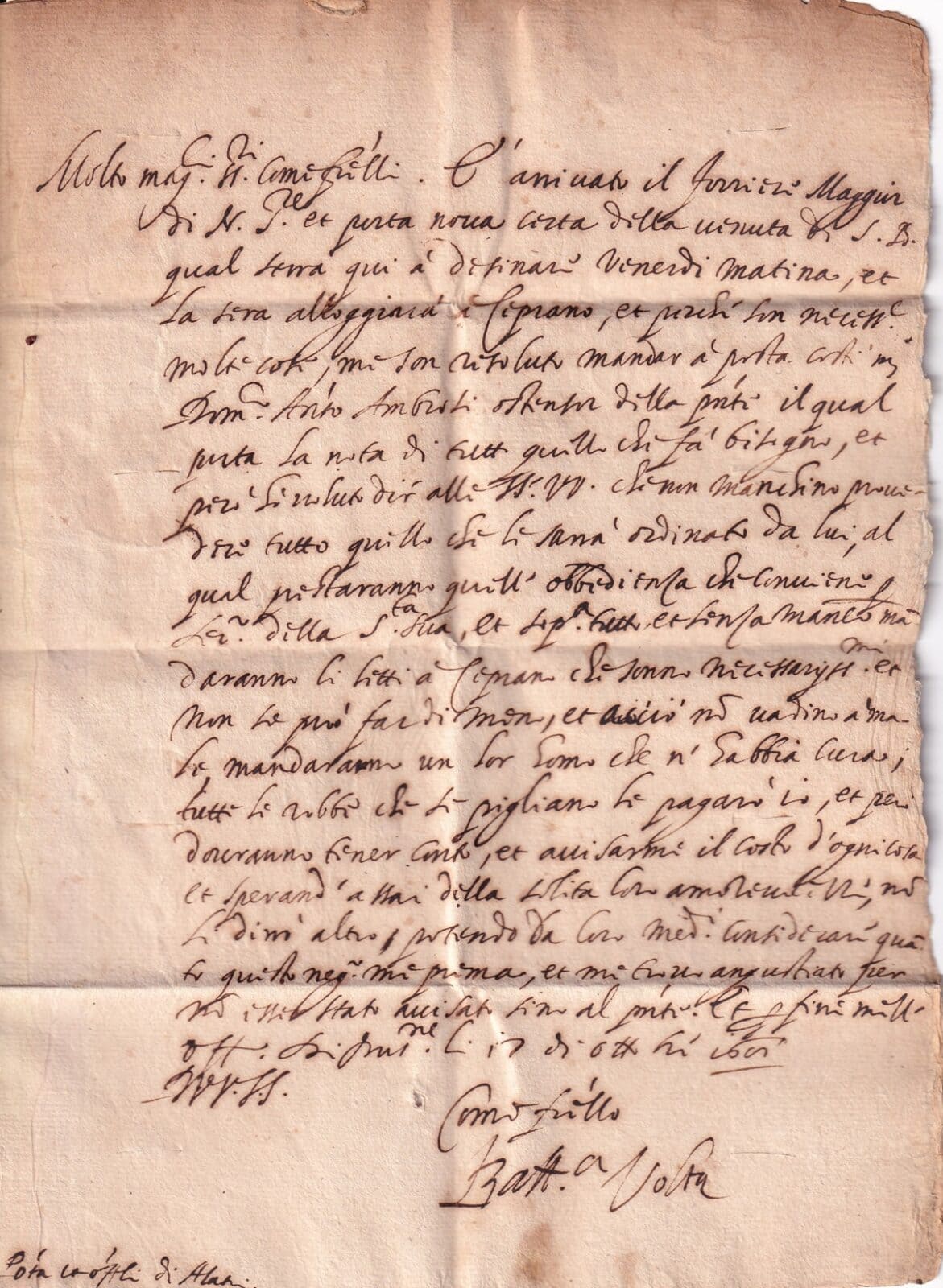 Recto interno — testo autografo di Battista Volta