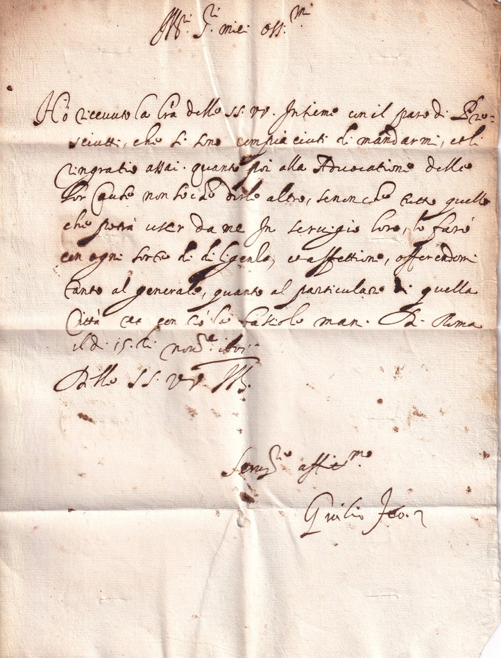 Recto interno — testo autografo di Giulio Ferro, Roma 1601