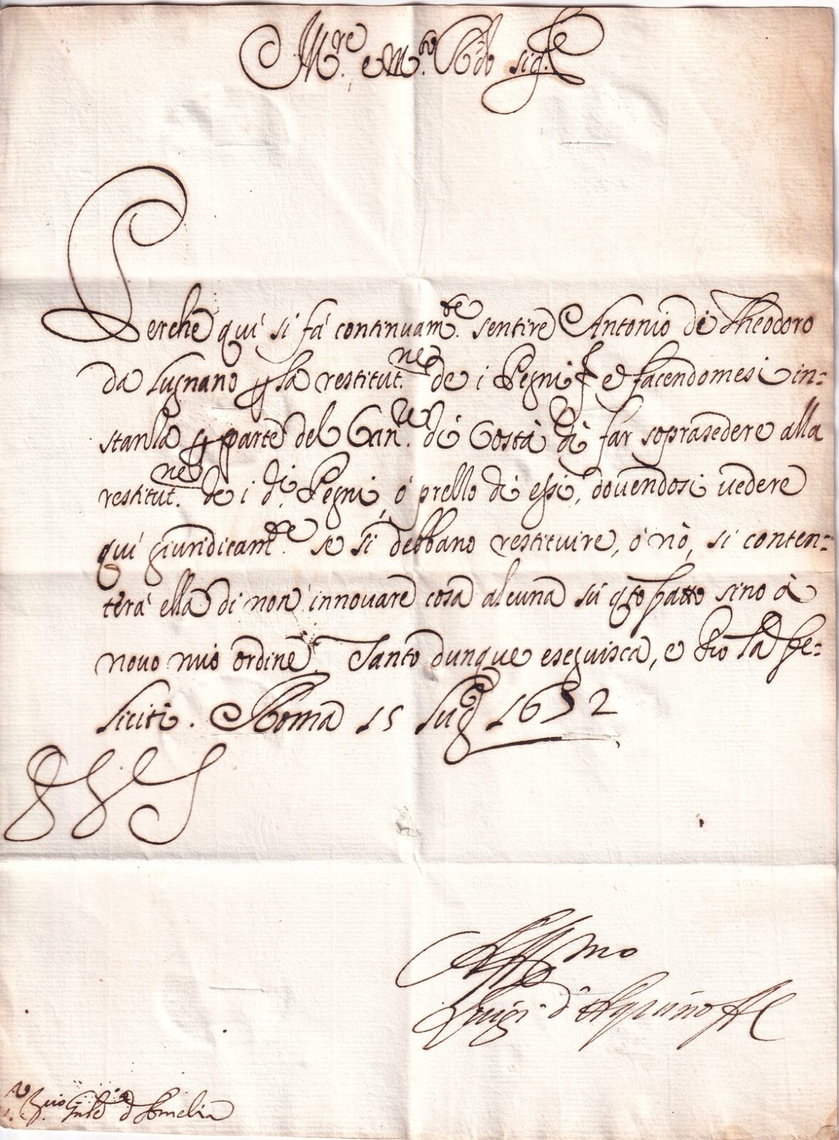 Foglio 2 verso, interno, testo, data, firma