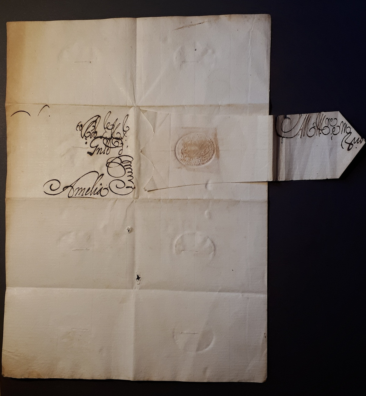 Foglio 1 recto completo, segni di disinfezione, indirizzo, sigillo su nizza
