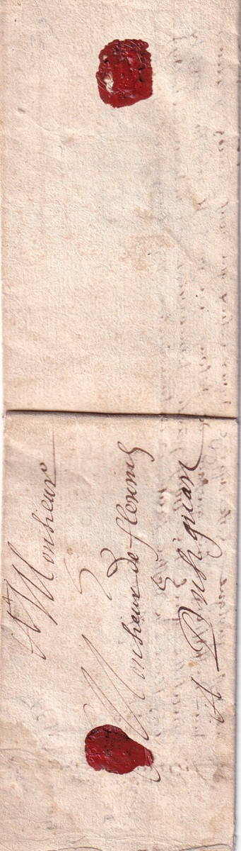 1637_03_13_2 s da Fléronies a Bézignan Foglio 1 ripiegato in 4, Recto indirizzo e doppia ceralacca