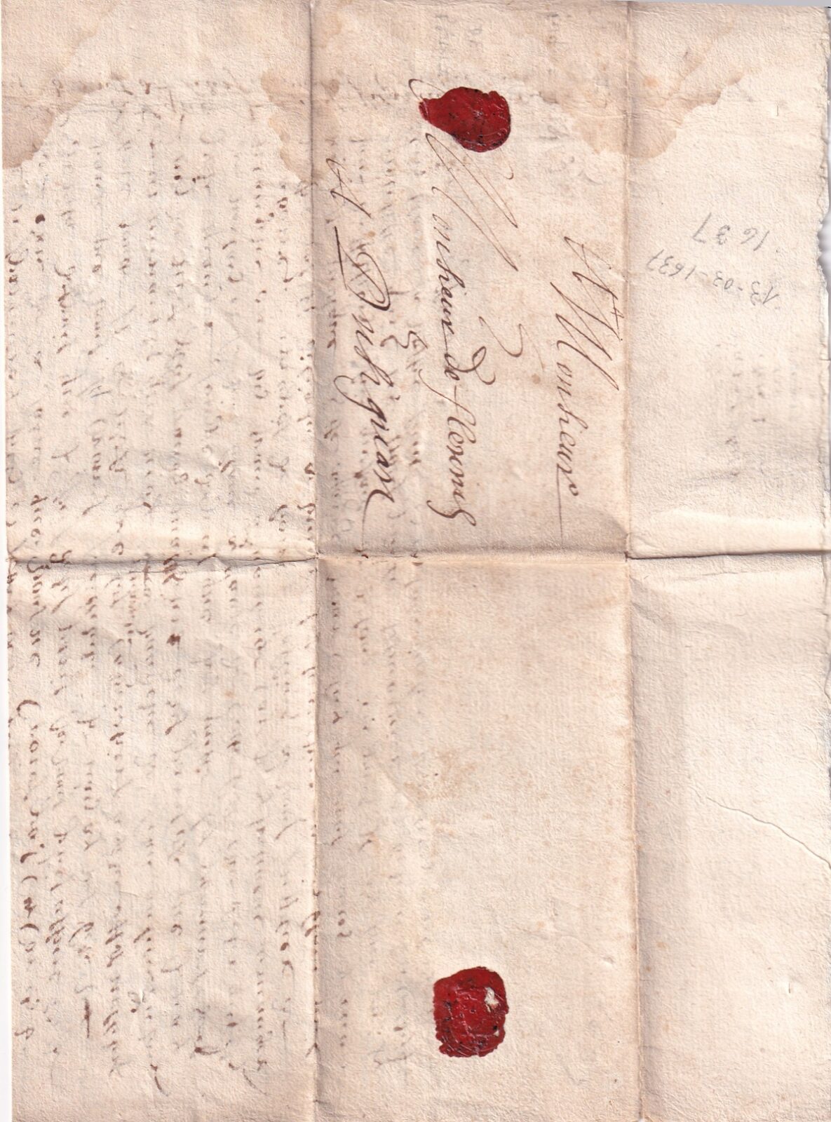 1637_03_13_3 s da Fléronies a Bézignan Foglio 1 ripiegato in 6, Recto indirizzo e doppia ceralacca