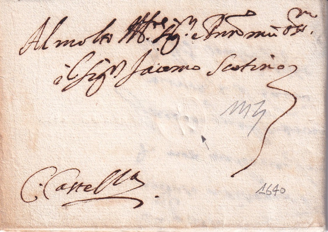 1640 08 19 per Civita Castellana Bifoglio ogni foglio ripiegato in 8 Foglio 1 Recto indirizzo, Bollo tondo a secco con R impressa, firma peritale Buzzi