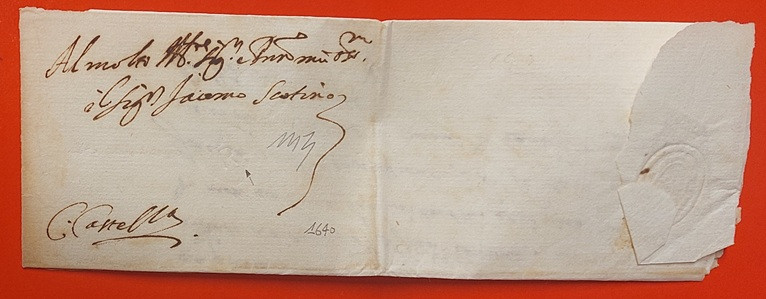 1640 08 19_1 per Civita Castellana Bifoglio Foglio 1 ripiegato in 4 Recto indirizzo, Bollo tondo a secco con R impressa, firma peritale Buzzi, Bollo a secco ovale su bandella