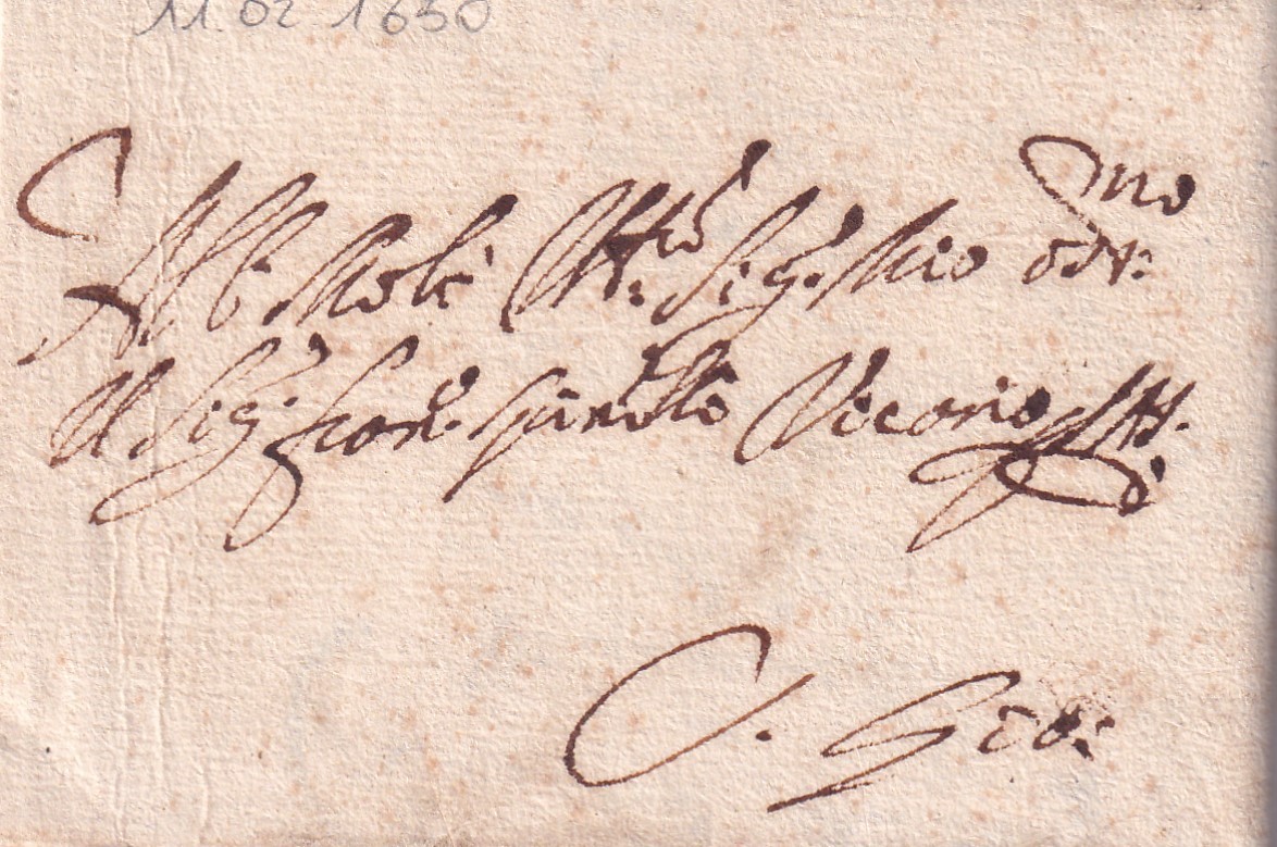 1650 02 11 Bi-foglio ripiegato in 8 Recto 1 Indirizzo da Roma a Roma SAN GIOVANNI con risposta Rotula