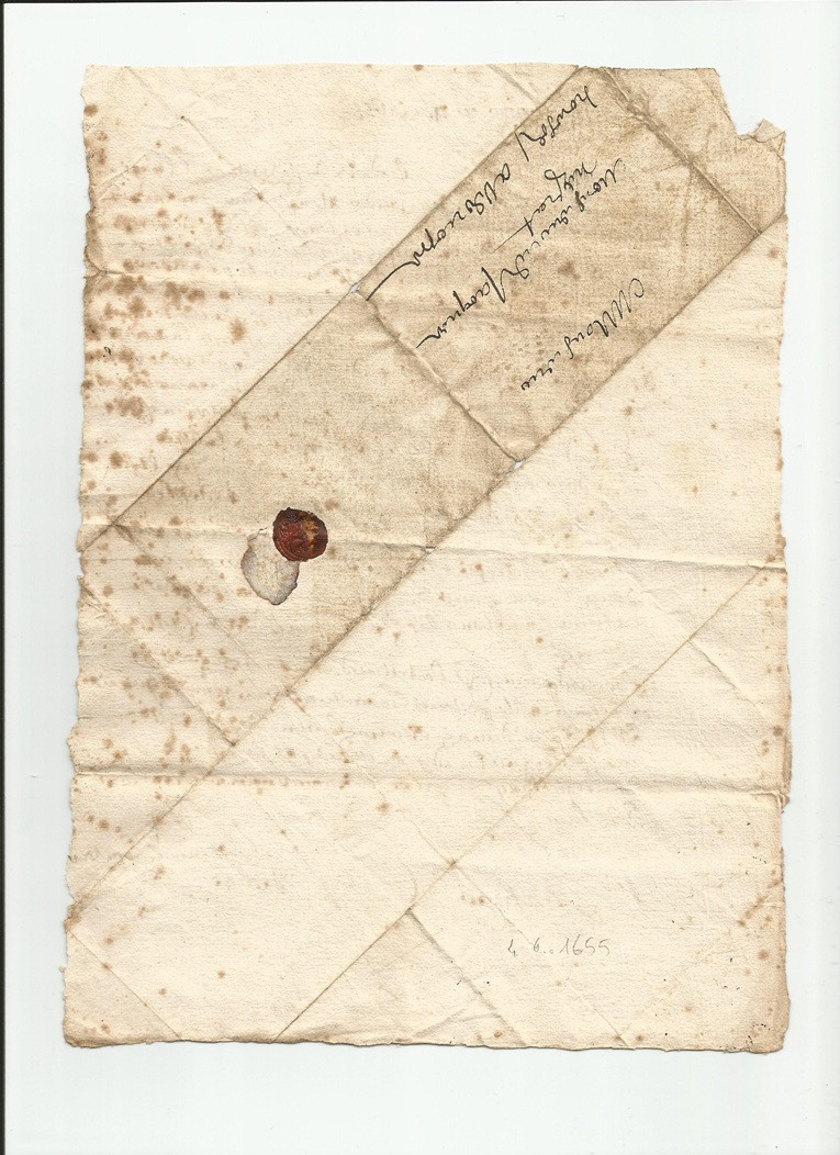 1655 06 04 Foglio ripiegato in forma obliqua in 6 e 4 parti Recto intero Indirizzo annullo