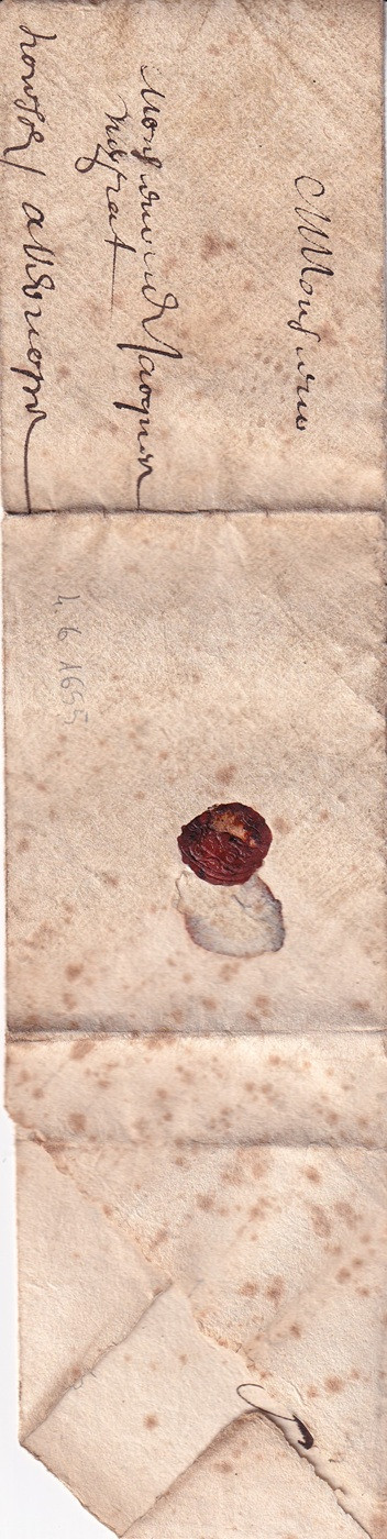 1655 06 04_5 Foglio ripiegato in forma obliqua in 6 e 4 parti Recto Indirizzo bollo ceralacca e bandella