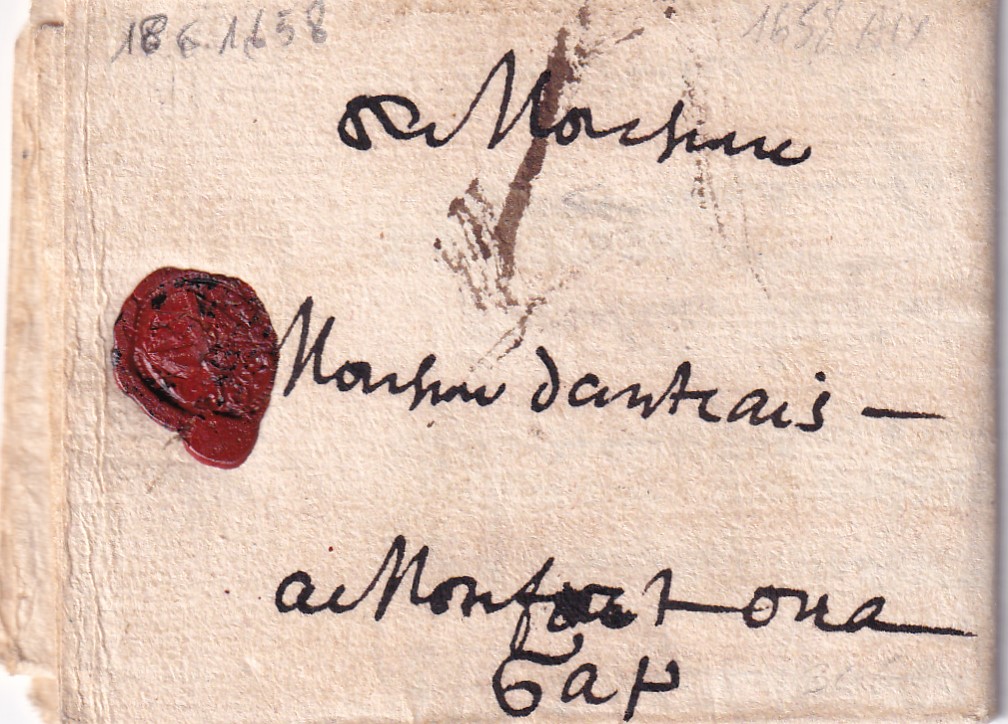 1658 06 18 Bi-foglio ripiegato in 8 Foglio 1 Recto indirizzo e sigillo ceralacca da BOUCHES DU RHONE-Pli de AIX a MONFORT-GAP per Danthais