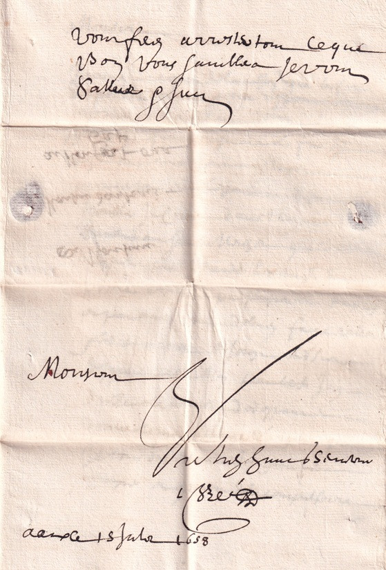 1658 06 18_2 Foglio 1 Verso Testo lettera che continua Firma e data da BOUCHES DU RHONE-Pli de AIX a MONFORT-GAP per Danthais