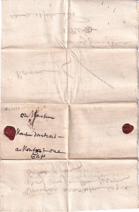 1658 06 18_3 s Foglio 1 Recto indirizzo due bolli ceralacca da BOUCHES DU RHONE-Pli de AIX a MONFORT-GAP per Danthais