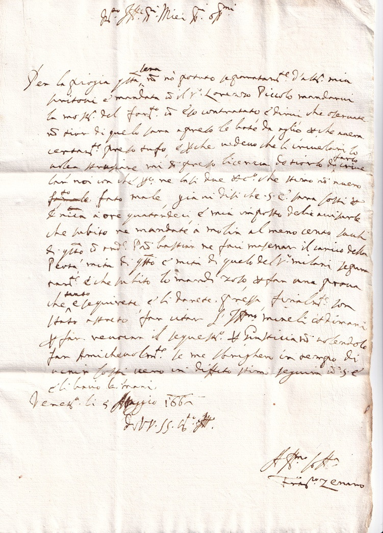 1662 05 05_1 Foglio 2 Verso Testo lettera data firma da VENEZIA a CHIOGGIA