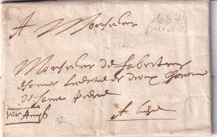 1667 04 19 Piego doppio del quale si conserva solo quello contenitore della seconda lettera Foglio 1 ripiegato in 9 recto indirizzo da Bruxelles a Liegi-Amy