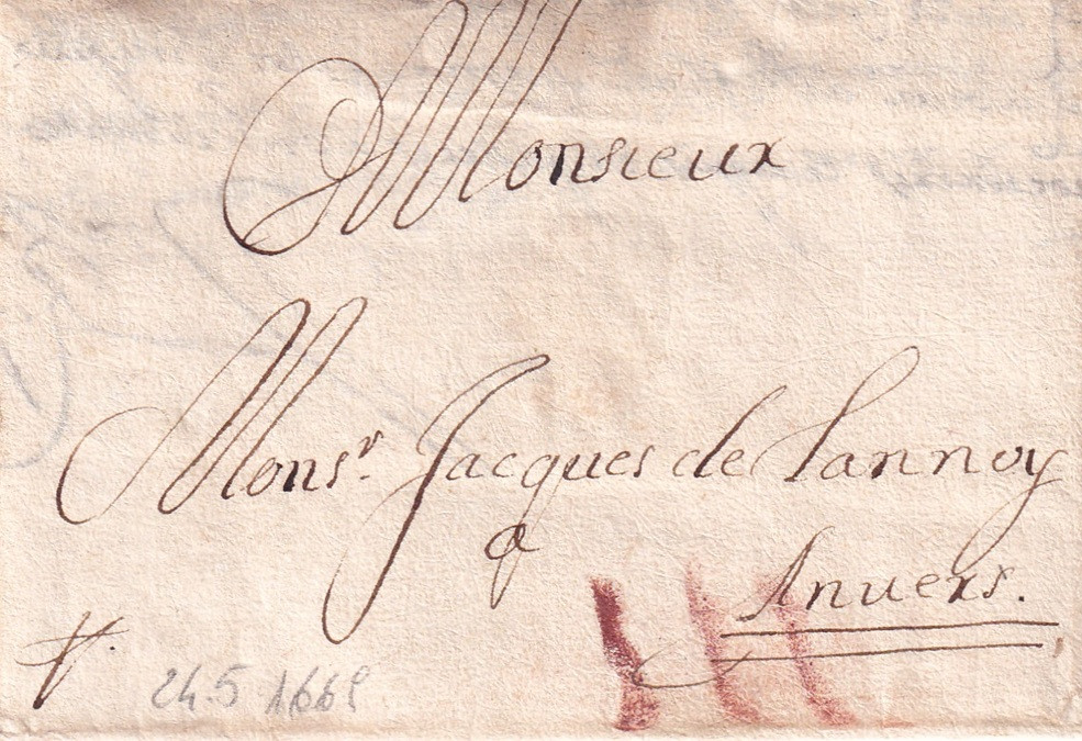 1669 05 24 s da LILLE ad ANVERSA Foglio 1 Ripiegato in 9 Recto indirizzo port 3 a la craie rouge