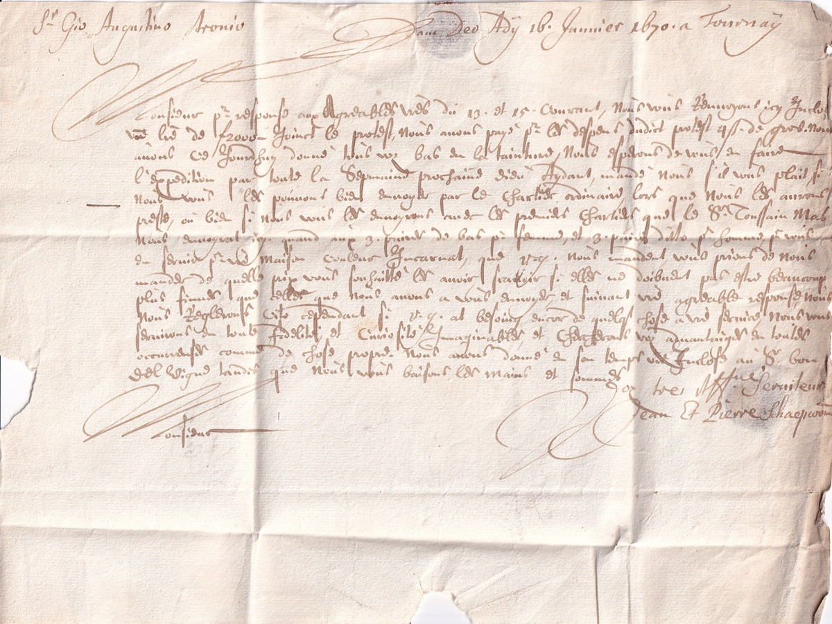 1670 01 16_1 s L. datée de Tournay Foglio 1 Verso Testo lettera pour Agostino Aronio Lille