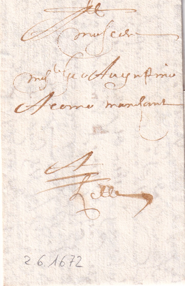 1672 06 02 Colombérr a Lille Foglio 1 ripiegato in 9 recto indirizzo per Agostino Aronio