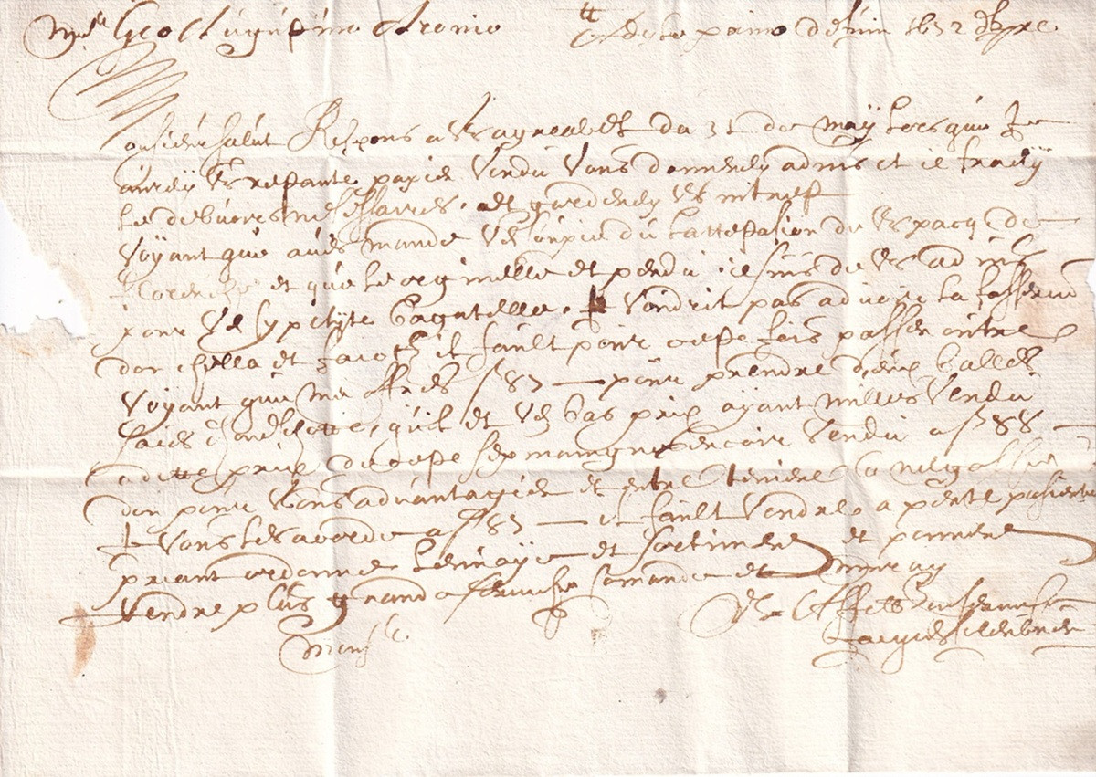 1672 06 02 Colombérr a Lille Foglio 1 verso testo lettera data firma per Agostino Aronio