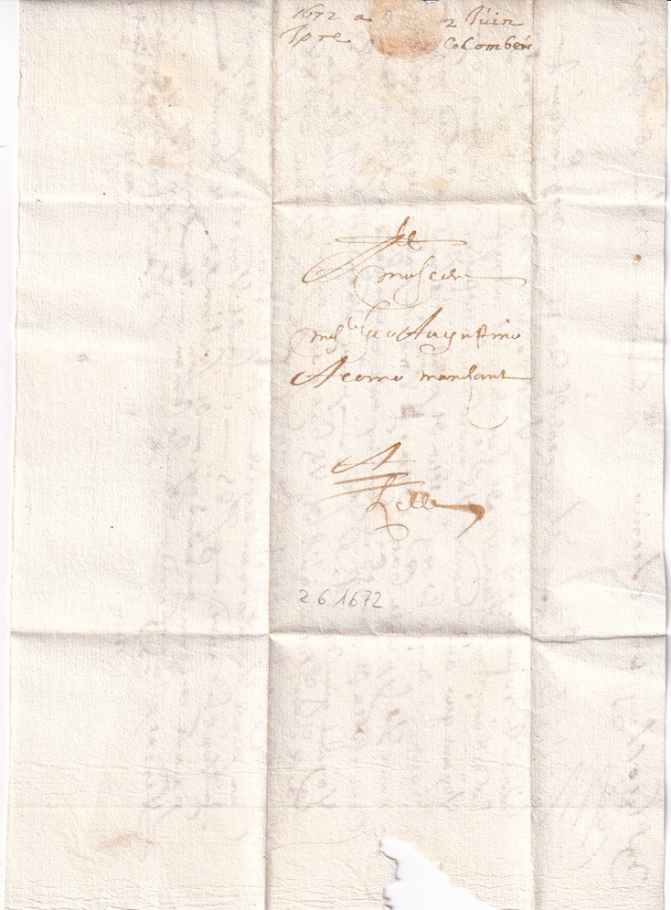 1672 06 02 Colombérr a Lille Foglio 1 recto destinatario bollo a secco per Agostino Aronio