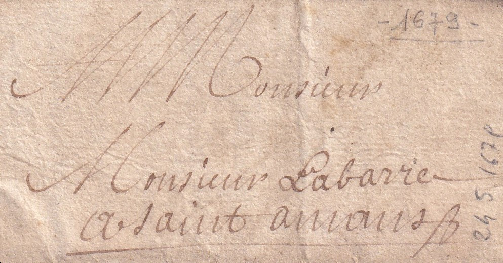 1679 05 24 a Foglio 1 ripiegato in 9 Recto indirizzo Saint Amans per Labarre