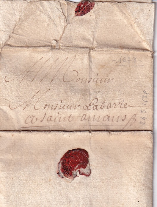 1679 05 24 Foglio 1 recto piegato in 3 indirizzo e sigillo ceralacca rossa a Saint Amans per Labarre