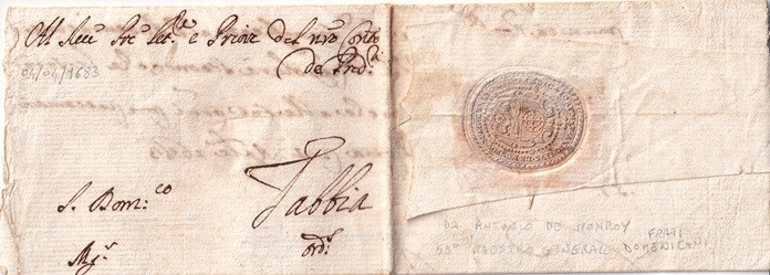 1683 04 04_7 s da Roma _Antonio de Monroy-CIX Maestro Generale Frati Domenicani Foglio 1 Recto indirizzo e bollo su bandella