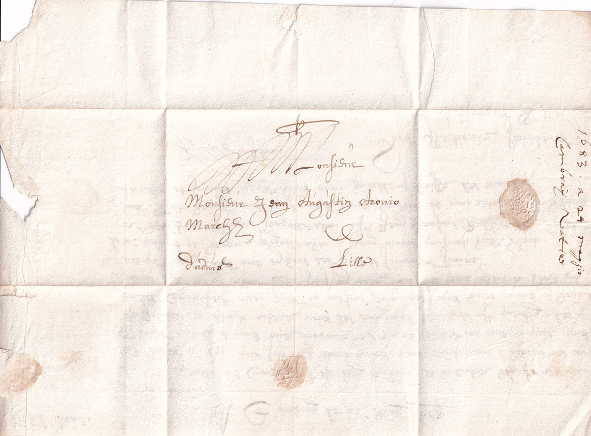 1683 05 22_2 s da Cambraÿ vers Agostino Aronio Lille Foglio 1 Recto destinatario mittente bollo a secco