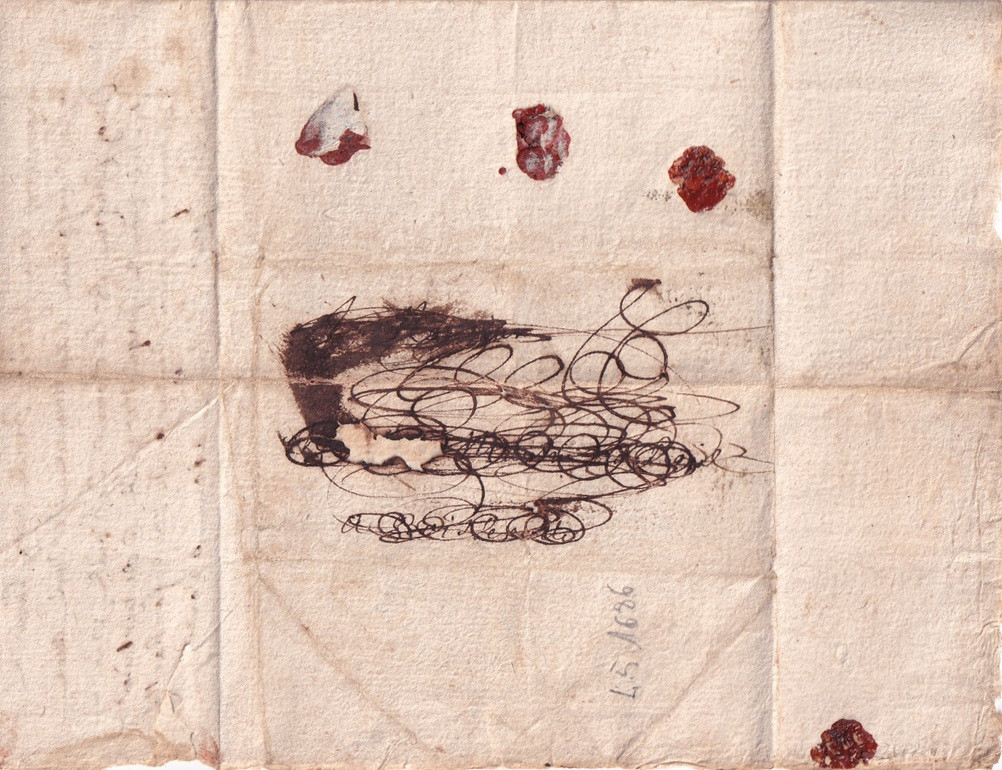 1686 08 05_3 s da NISMES Foglio 1 Recto indirizzo censurato e con 4 bolli in ceralacca