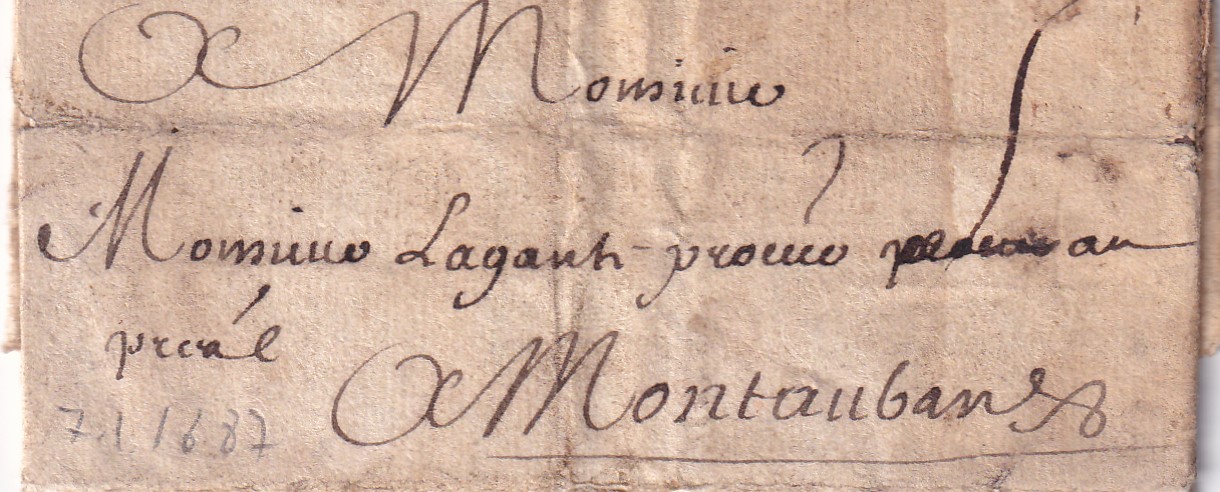 1687 01 07 da Pavurée a Montauban Bi-foglio ripiegato a pacchetto in 12 Foglio 1 Recto indirizzo