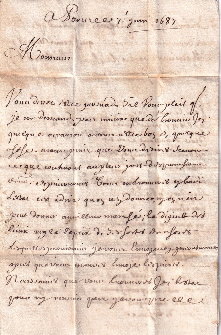 1687 01 07 s da Pavurée a Montauban Foglio 2 Recto data e testo lettera