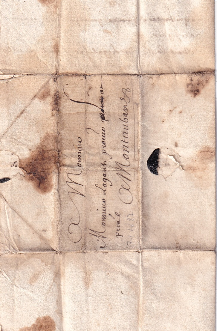 1687 01 07 s da Pavurée a Montauban Foglio 1 Recto indirizzo e chiusura sigillo in ceralacca nera