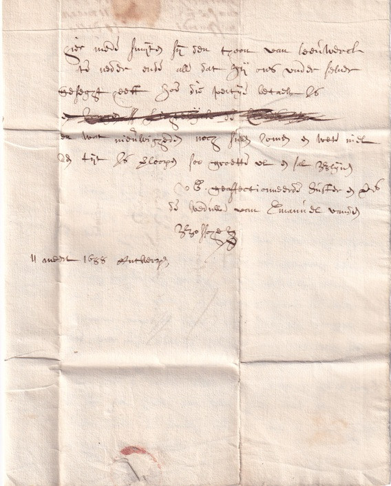 1688 03 11 s da Antwerpen a Gent Foglio 1 Verso testo lettera firma data
