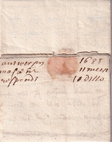 1688 03 11_5 s da Antwerpen a Gent Bi-foglio ripiegato a pacchetto in 6 Foglio 1 Recto chiusura sigillo a secco e data annotata