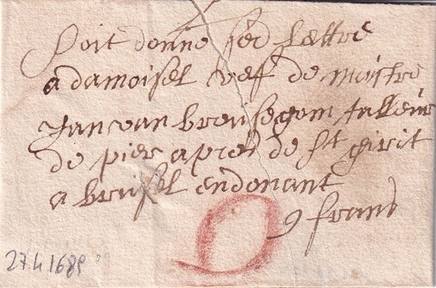 1689 04 27 s da Malines a Bruxelles a pacchetto ripiegato in 9 Recto indirizzo e 0 a matita rossa