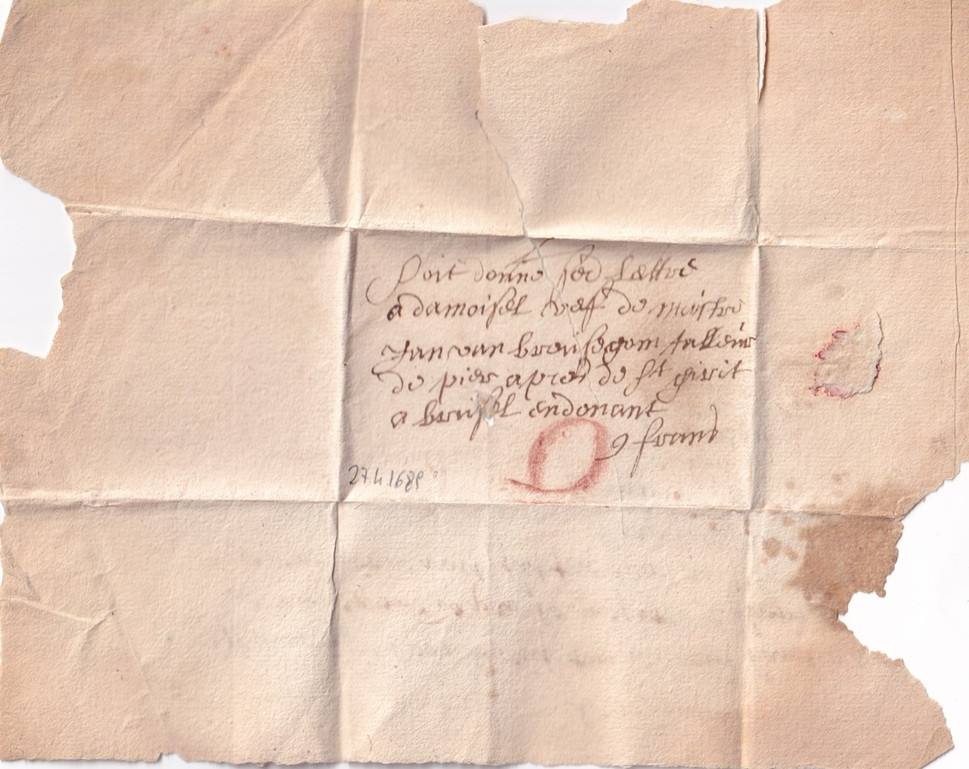 1689 04 27 s da Malines a Bruxelles Fogli 1 Recto indirizzo bollo a secco 0 a matita rossa tassata 9
