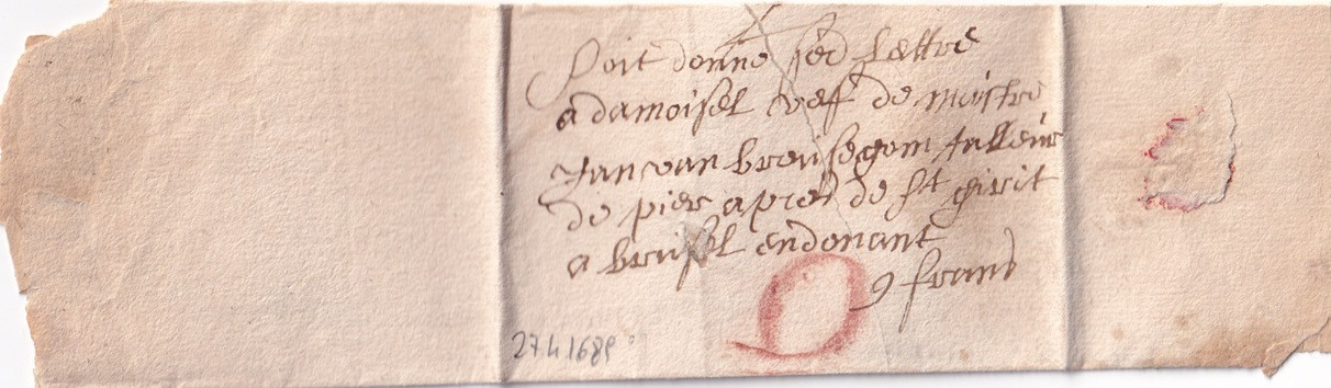 1689 04 27 s da Malines a Bruxelles Foglio 1 recto bollo a secco indirizzo 0 a matita rossa tassata 9