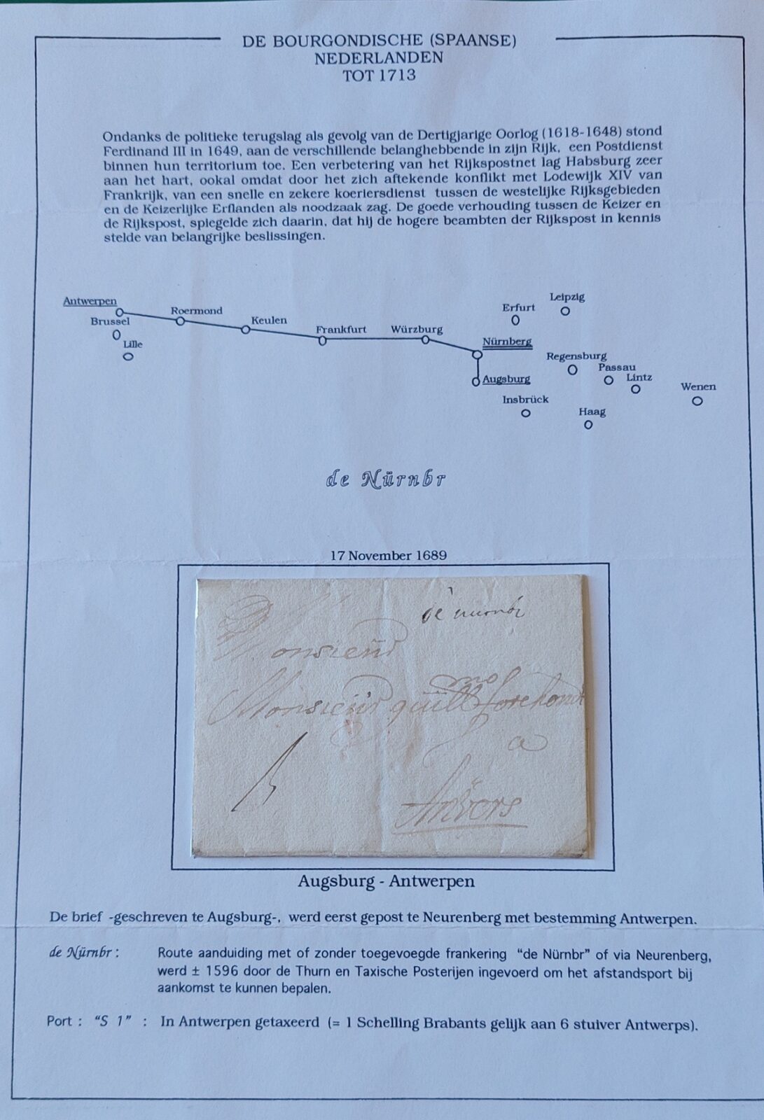 1689 11 17 s da Augusta ad Anversa Commento itinerario mappa con Foglio ripiegato a pacchetto x 15 indirizzo