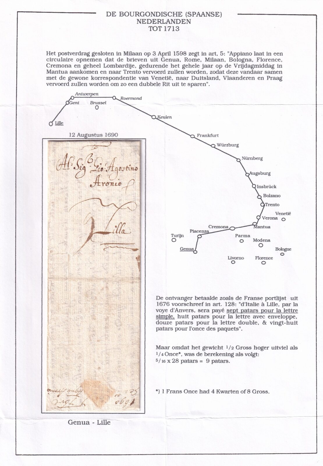 1690 08 12 s da GENOVA a LILLE_Aronio_Mappa commento Piego ripiegato in 6 Foglio 1 Recto destinatario e nota
