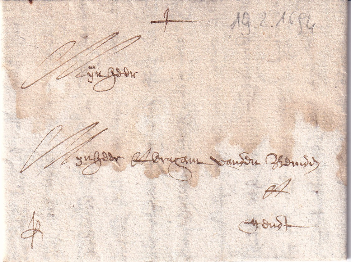 1694 02 19 da Antwerpen a Gent Bi-Foglio ripiegato a pacchetto per 9 Foglio 1 Recto indirizzo e sigle